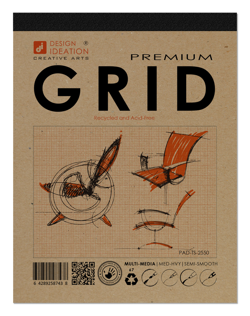 Design Ideation GRID PAD : Removable Sheet. Multi-Media. ORANGE GRID (8.5