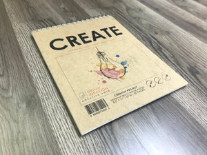 CREATE book. Wire bound pad style sketchbook for pencil, ink, marker, charcoal and watercolor paints. (8.5" x 11")