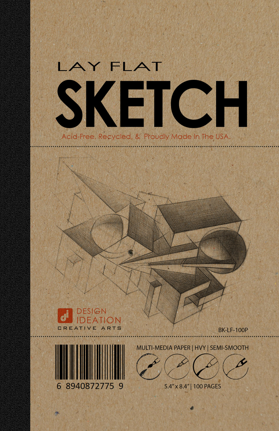 LAY FLAT sketchbook. Removable sheet, journal style SKETCH book for pencil, ink, marker, charcoal and watercolor paints. (5.5