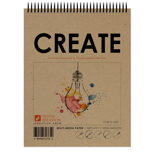 CREATE BOOK. Spiral bound, pad style sketchbook for pencil, ink, marker, charcoal and watercolor paints. (8.5