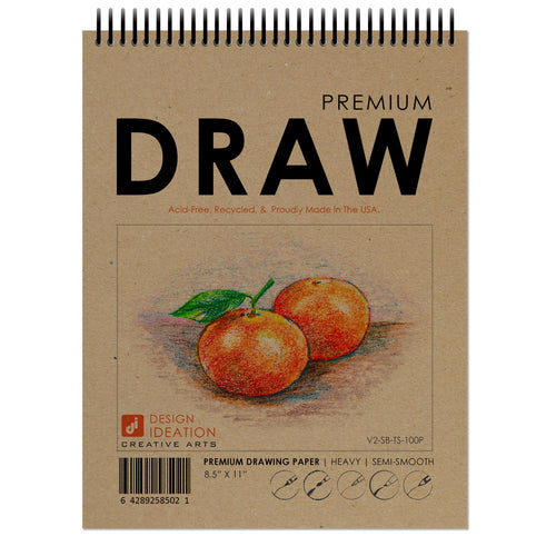 DRAW BOOK. Spiral bound, pad style sketchbook for pencil, ink, marker, charcoal and watercolor paints. (8.5