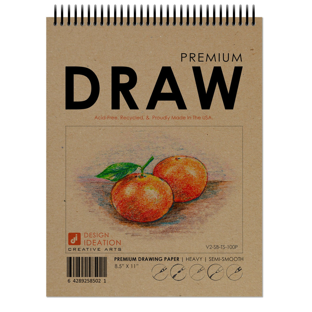 DRAW BOOK. Spiral bound, pad style sketchbook for pencil, ink, marker, charcoal and watercolor paints. (8.5