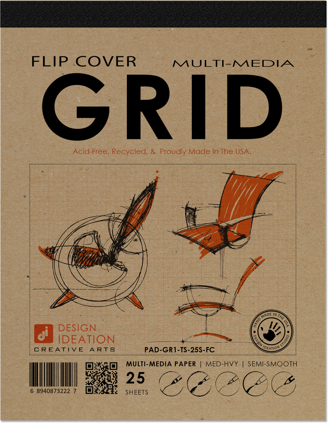 GRID FLIP COVER Pad. Removable Sheet. Multi-Media. ORANGE GRID. (8.5