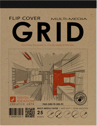 FLIP COVER Sketch Pad : Multi Media Paper GREY GRID Pad for Pencil, Ink, Marker, Charcoal and Watercolor Paints. (8.5