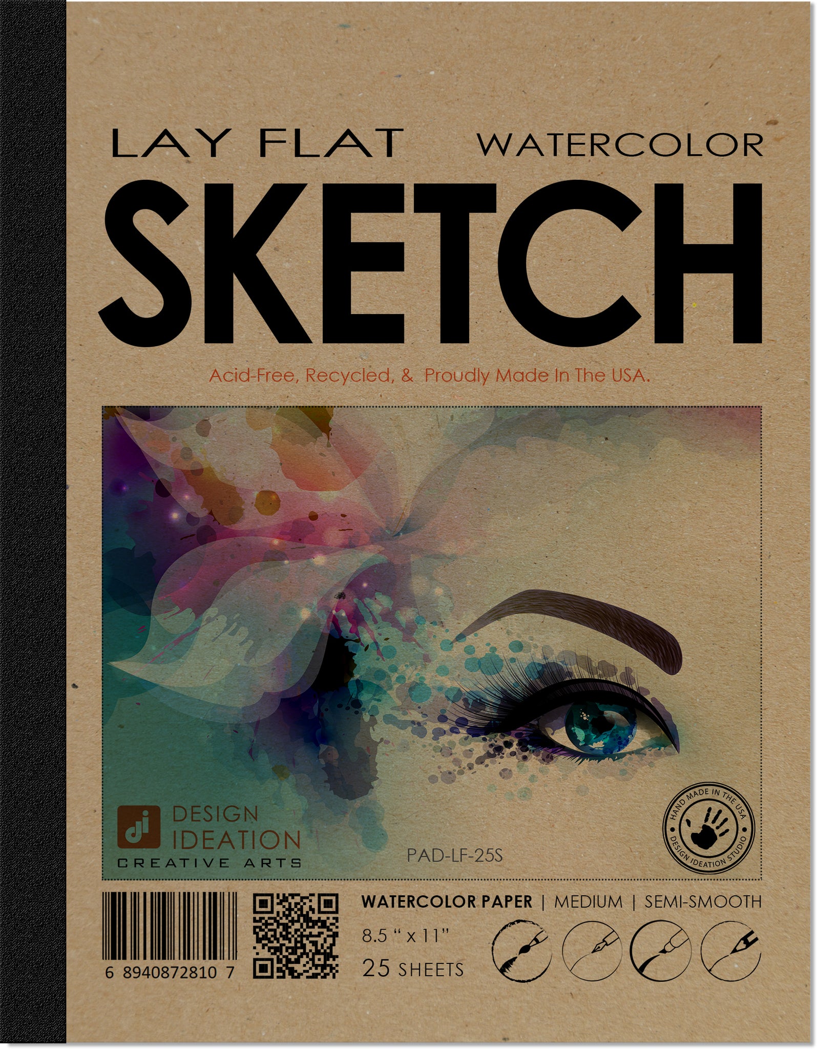 LAY FLAT sketchbook. Removable sheet, journal style WATERCOLOR book.  Multi-media. (8.5 x 11) 25S 